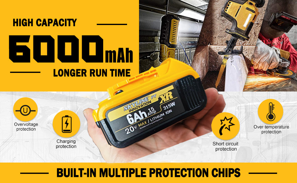 2 Pack 6.0Ah Battery for DeWalt 20V Tools Highest Capacity